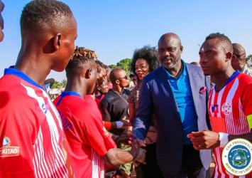 President Weah greeting Montserrado County Players at the opening of the County MeetExecutive Mansion
