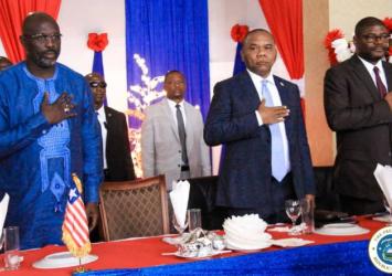 President Weah, others honor the Liberian national anthem at the 54th Legislature second sitting opening ceremonyExecutive Mansion